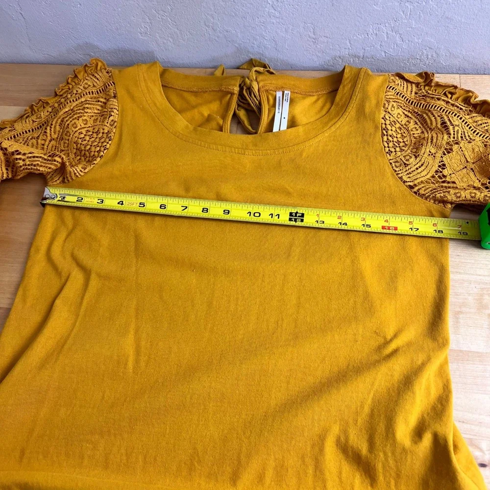 Anthropologie Top Lace Crochet Ruffle Sleeve Size Medium Yellow Tie Back Knit - Picture 9 of 10